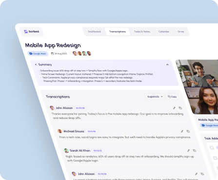 AI meeting transcript editor designed by Centmore featuring speaker identification, meeting summaries, searchable transcripts, comments, and collaboration tools.