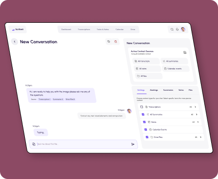 AI meeting transcription library designed by Centmore featuring searchable transcripts, meeting recordings, AI summaries, meeting history, and transcription management.