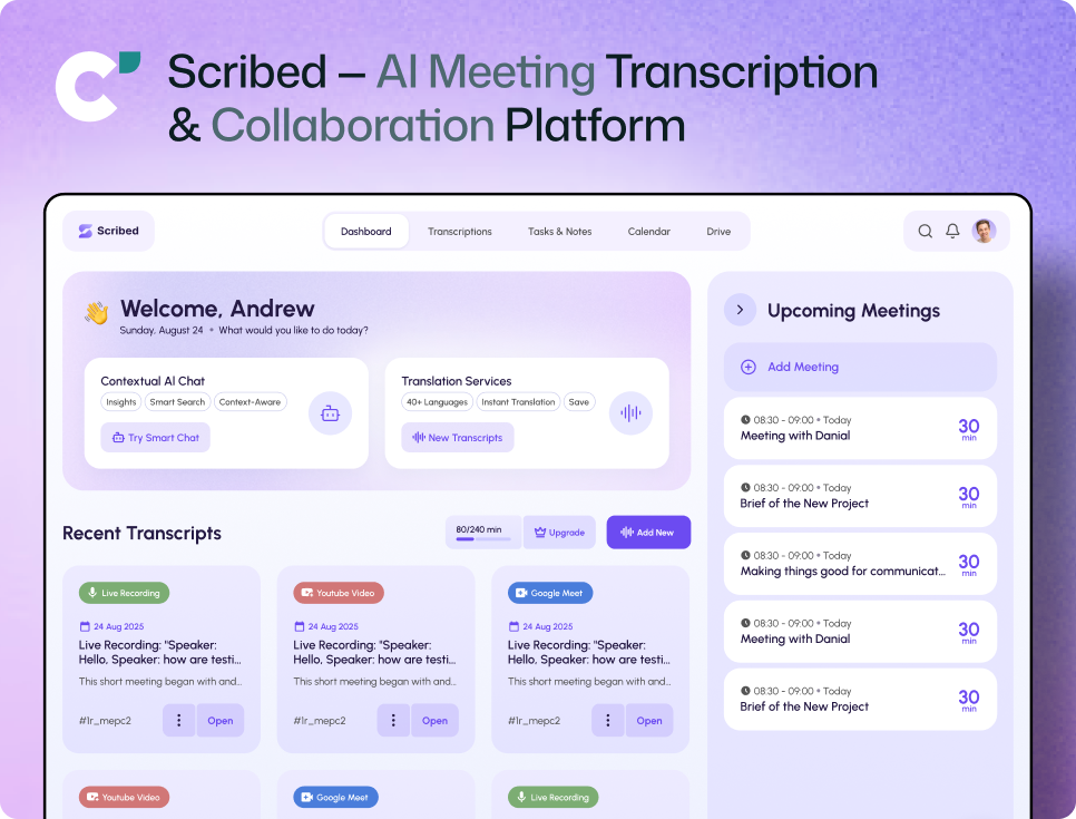 AI meeting transcription setup interface designed by Centmore featuring Google Meet, Microsoft Teams, Zoom, YouTube transcription, and live voice recording.
