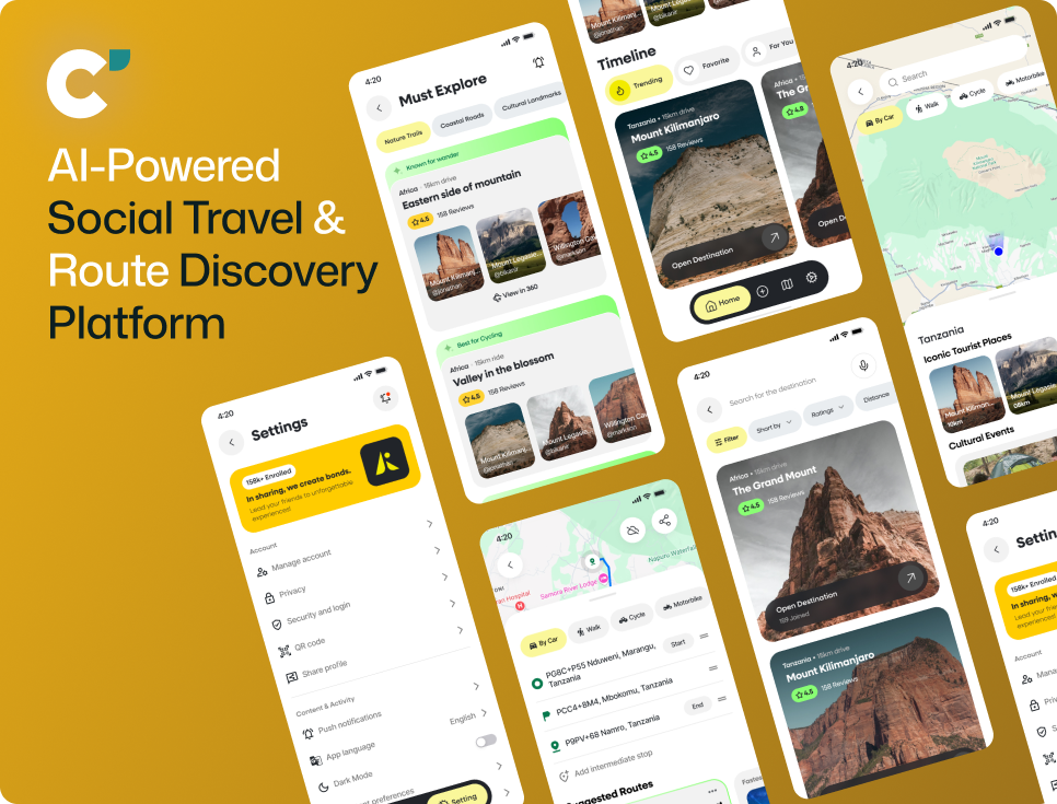 AI-powered travel route discovery and tour planner mobile app UX/UI design by Centmore featuring destination exploration, scenic routes, interactive maps, and personalized travel experiences.
