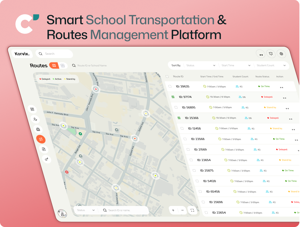 School bus tracking and transportation management dashboard UX/UI design by Centmore featuring live GPS bus tracking, route optimization, student transportation management, pickup scheduling, and operational analytics.