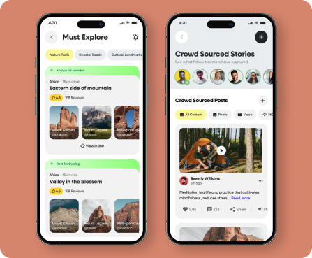Travel app UX/UI showcase by Centmore featuring destination discovery, route planning, interactive maps, AI travel recommendations, and mobile user experience design.