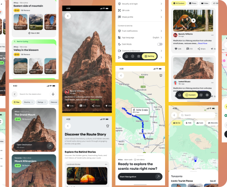 Trip planner and navigation mobile app UX/UI design by Centmore featuring GPS route planning, smart navigation, travel settings, and personalized journey management.